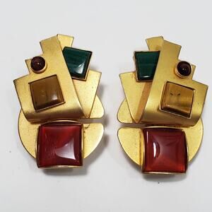 Vintage Gale Rothstein Semi-Precious Gemstone Matte Gold Plated Clip On Earrings